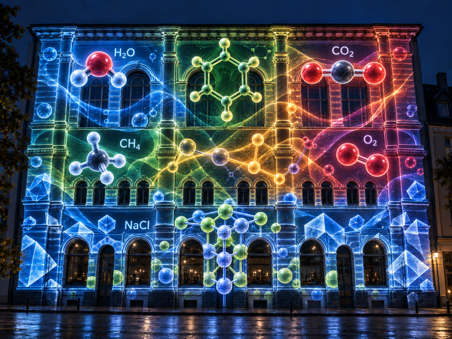Bildprobe Chemie: Moleküle, Bindungen und Kristallstrukturen auf der Fassade